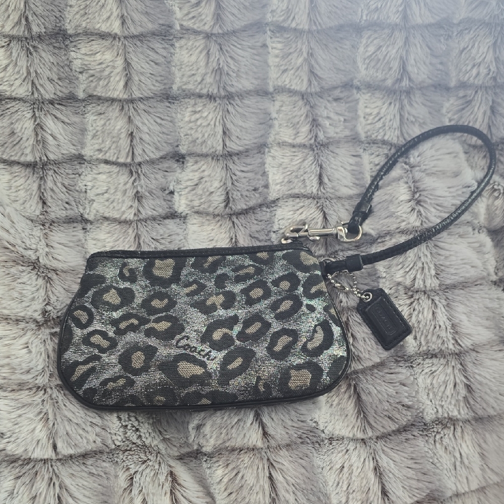 Coach Metallic Silver Animal Print Wristlet with Black Accents
